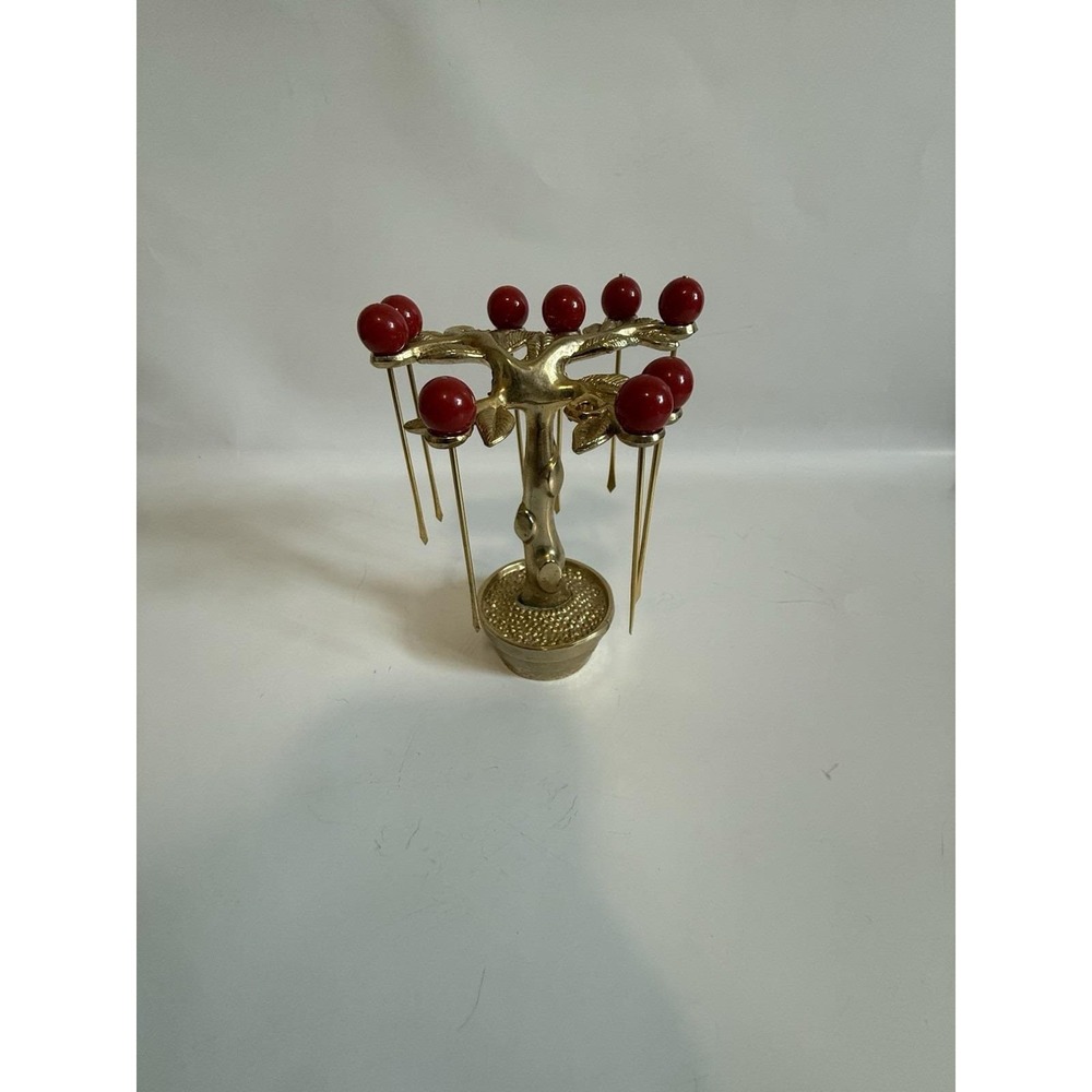 RARE MID CENTURY MODERN CHERRY TREE GOLD PLATED COCKTAIL PICKS SET BAKELITE